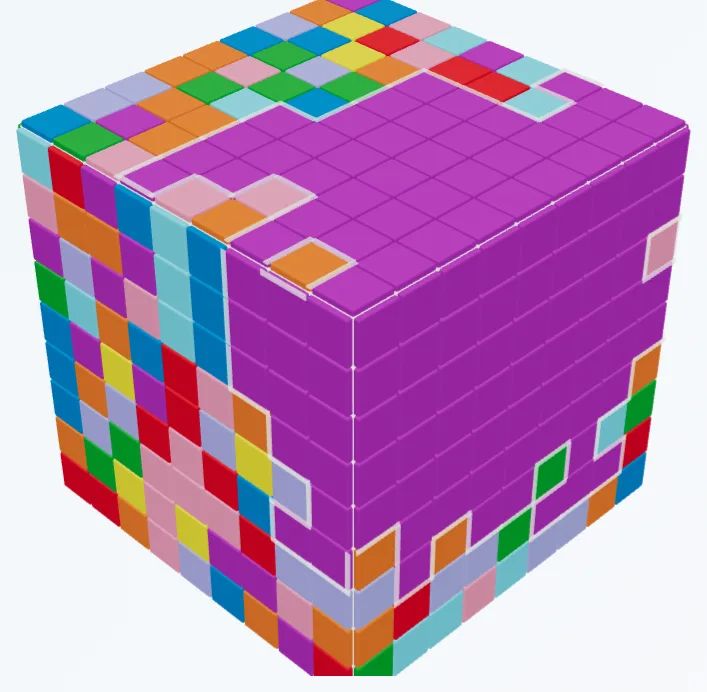 A Flood Cube part-way through a run: a large purple region covers most of two faces and wraps around the edge between them, with unflooded cells of other colours around the rim