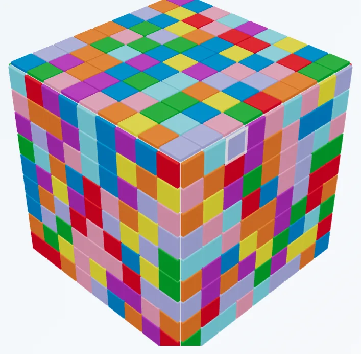 A Flood Cube at the start of a run, every face a scatter of nine different colours